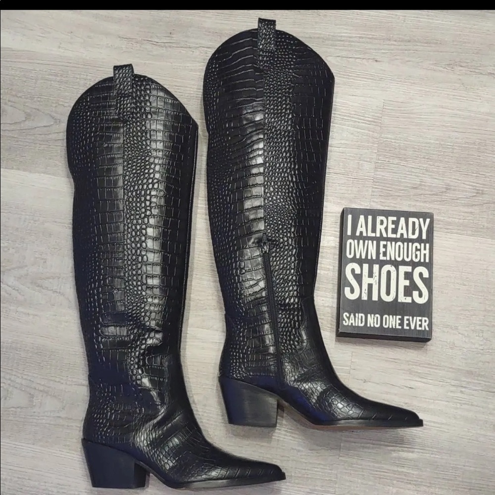 Gianni Bini black knee high crocodile boots